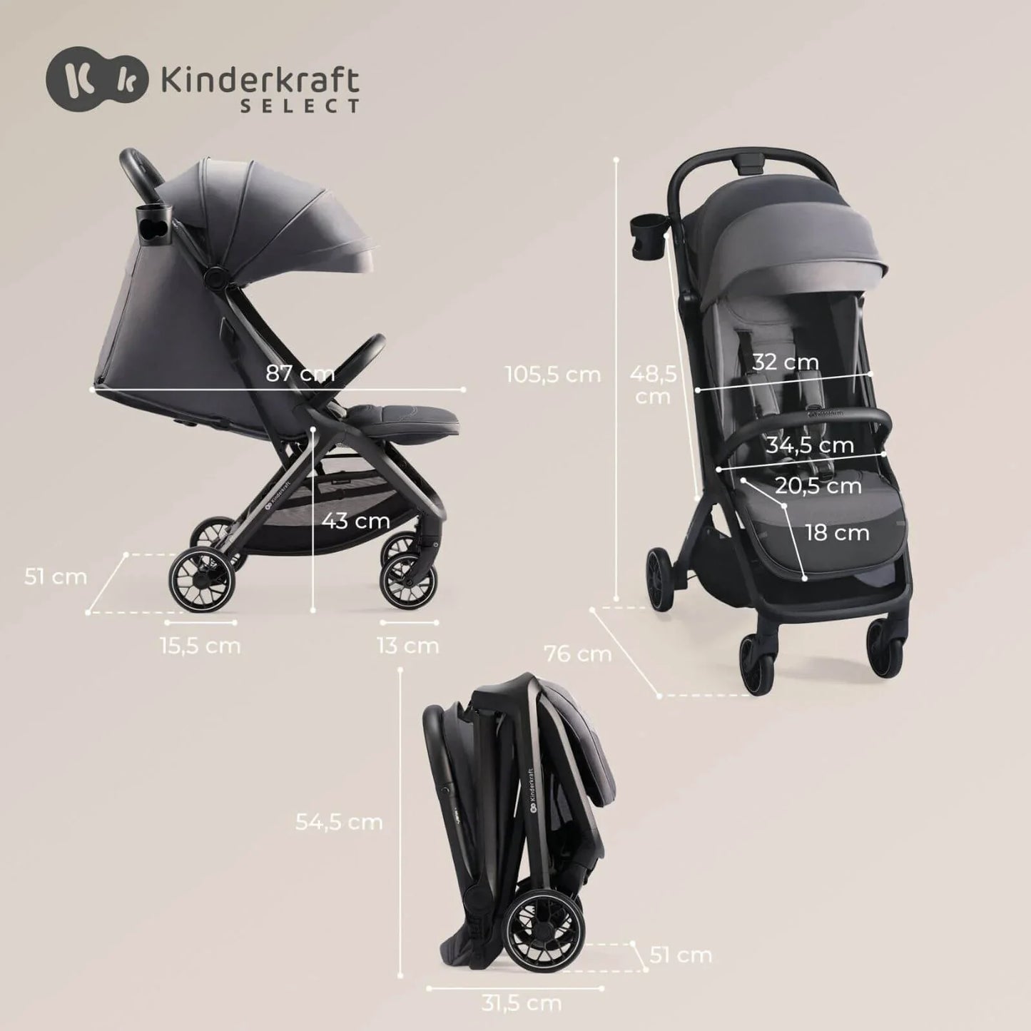 Kinderkraft Nubi 2 Auto-Folding Pushchair - Sand Beige