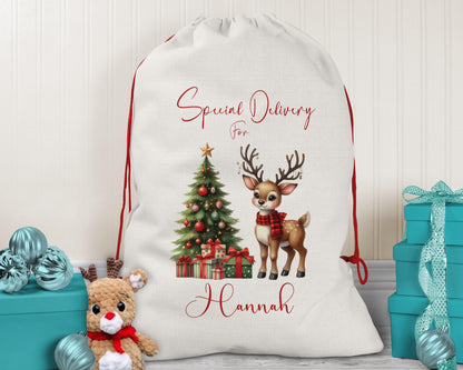 Personalised Christmas Sack - Santa Sack for Kids Presents Xmas Reindeer Tree Design Stocking Christmas Eve Bag Box for Girls & Boys XS017