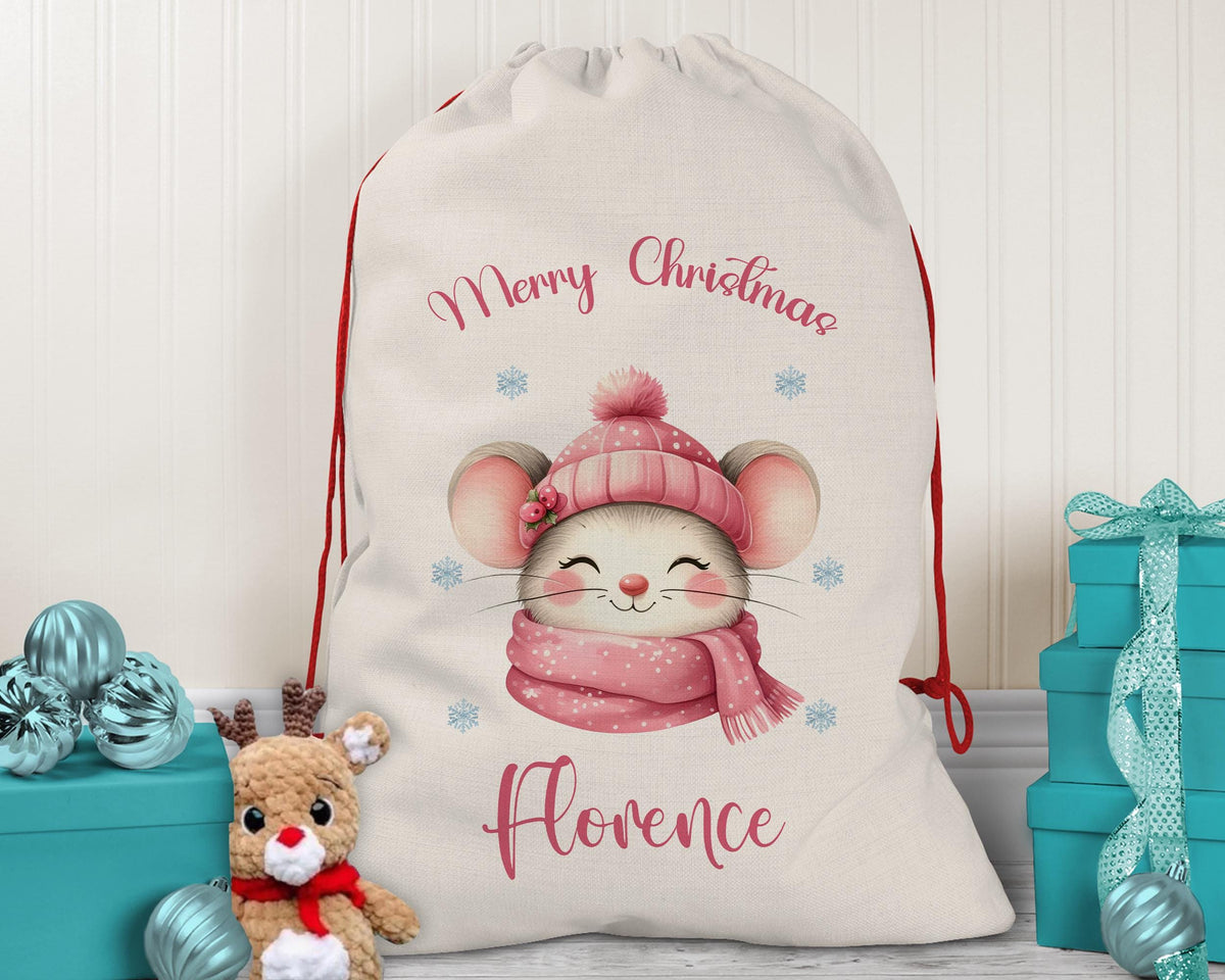 Personalised Christmas Sack - Santa Sack for Kids Presents Xmas Cute Mouse Design Stocking Christmas Eve Bag Box for Girls & Boys XS043