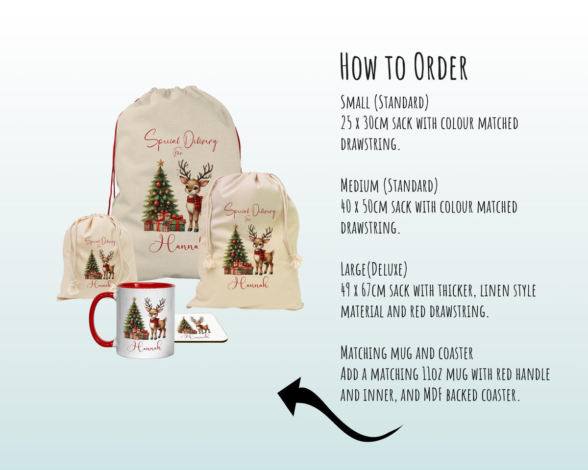 Personalised Christmas Sack - Santa Sack for Kids Presents Xmas Reindeer Tree Design Stocking Christmas Eve Bag Box for Girls & Boys XS017