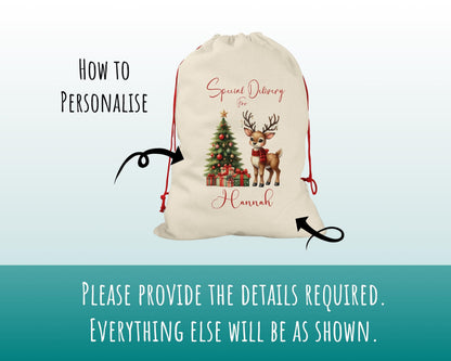 Personalised Christmas Sack - Santa Sack for Kids Presents Xmas Reindeer Tree Design Stocking Christmas Eve Bag Box for Girls & Boys XS017